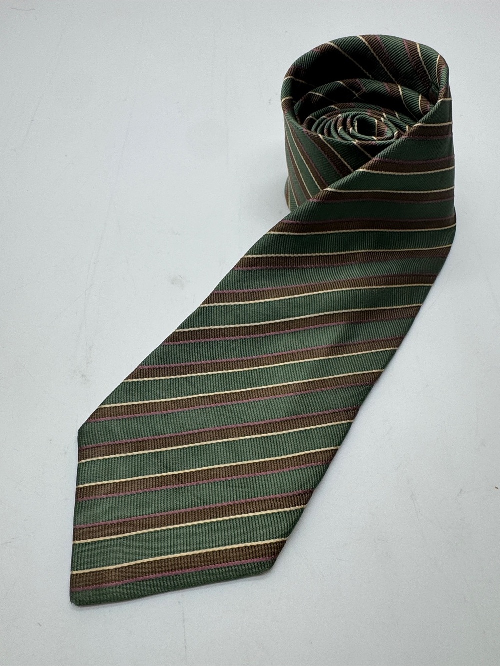 Turnbull & Asser Green Striped Silk Tie with Brown and Cream Accents #0045 - Picture 5 of 5